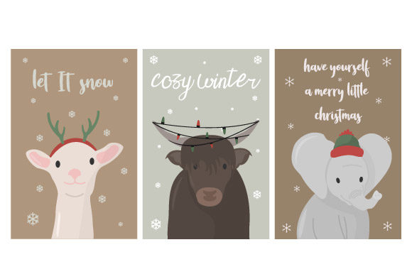 Christmas Card with Animal Set Illustrations