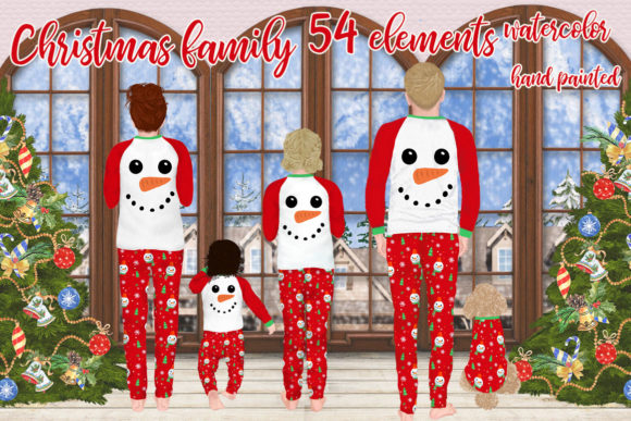 Christmas Family Clipart,Matching Pajama Illustrations