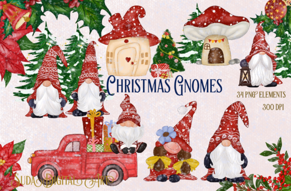 Cute Red Gnomes Christmas Clipart Illustrations