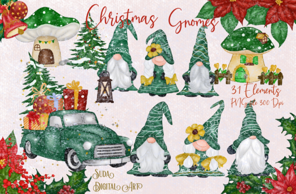 Green Gnomes Christmas Design Clipart for Handmade Projects