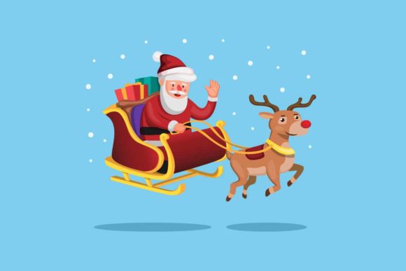 Santa and Reindeer with Christmas Sled Illustrations