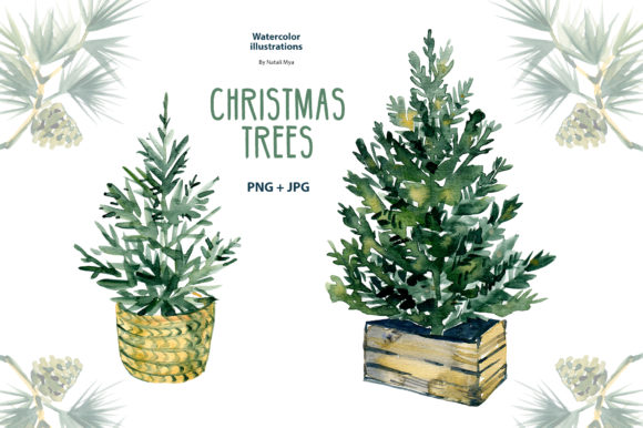Watercolor Christmas Trees Clipart for Local Branding